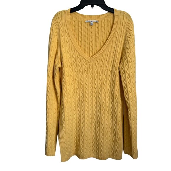 Tommy Hilfiger Yellow Cable Knit V-Neck Sweater Long Sleeve Womens M - Picture 1 of 11